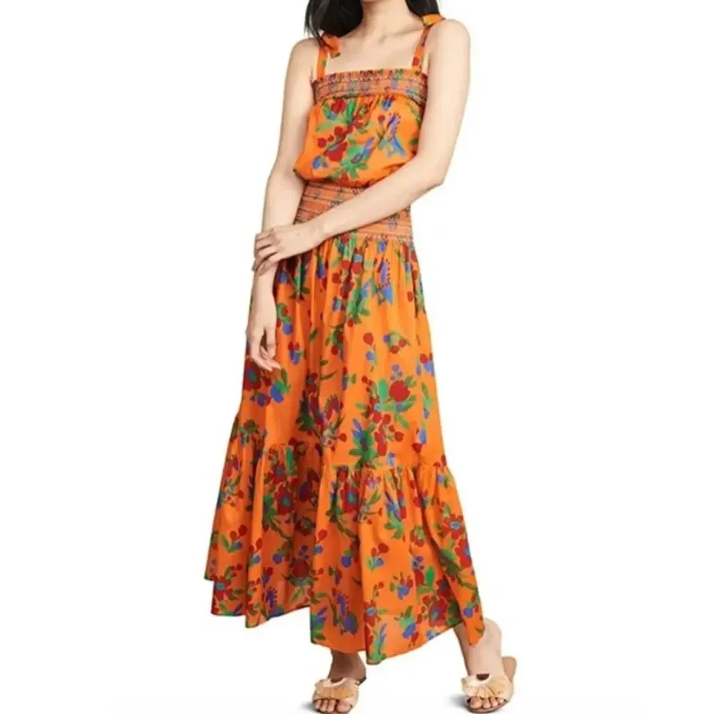 tory burch orange dress Tory Burch Orange and white boho silk shift dress with long sleeves. Size 8